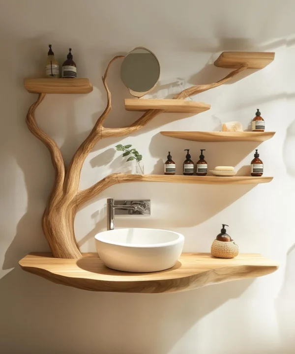 Handmade Rustic Wood Bathroom Vanity With Live Edge Shelf And Storage