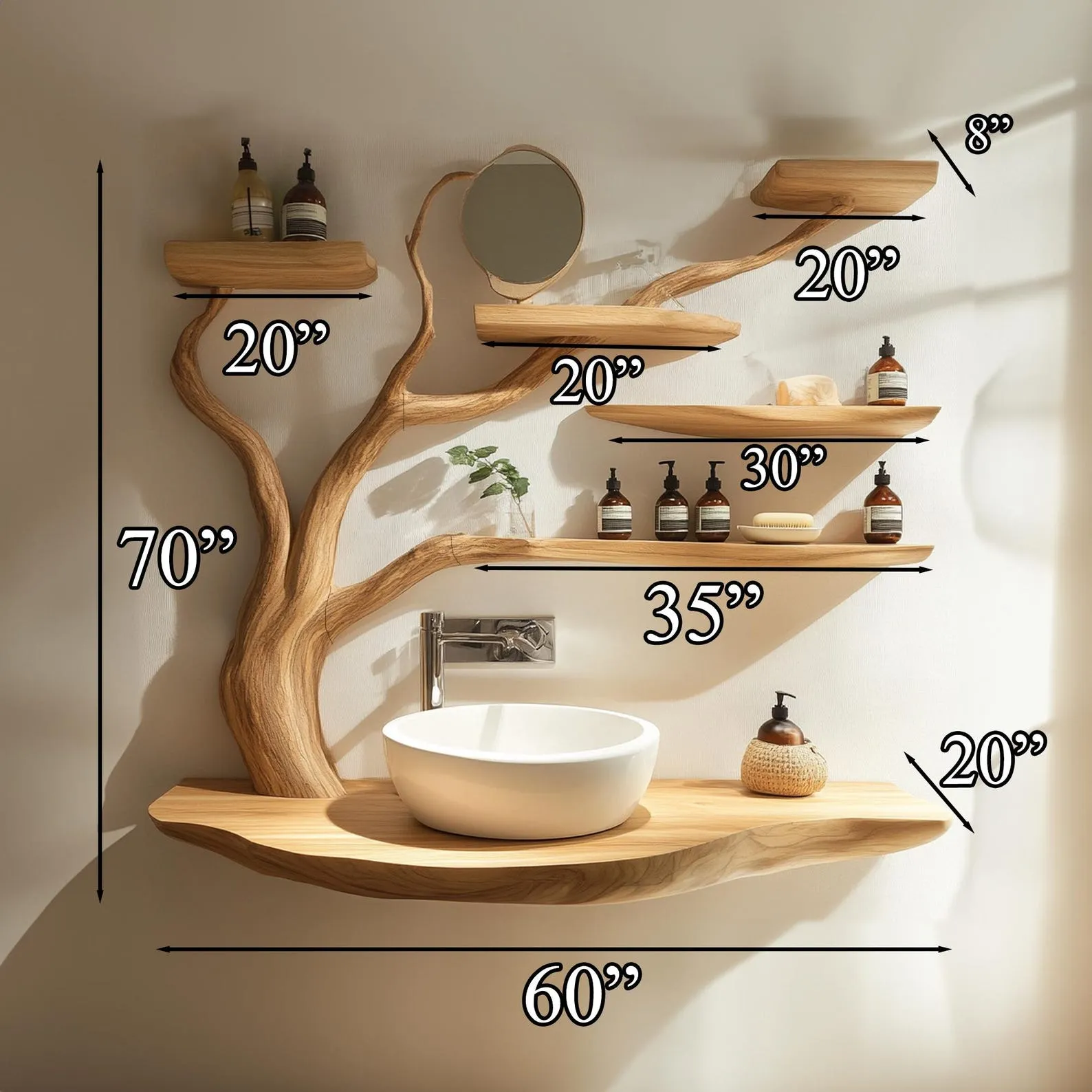 Handmade Rustic Wood Bathroom Vanity With Live Edge Shelf And Storage - Image 4