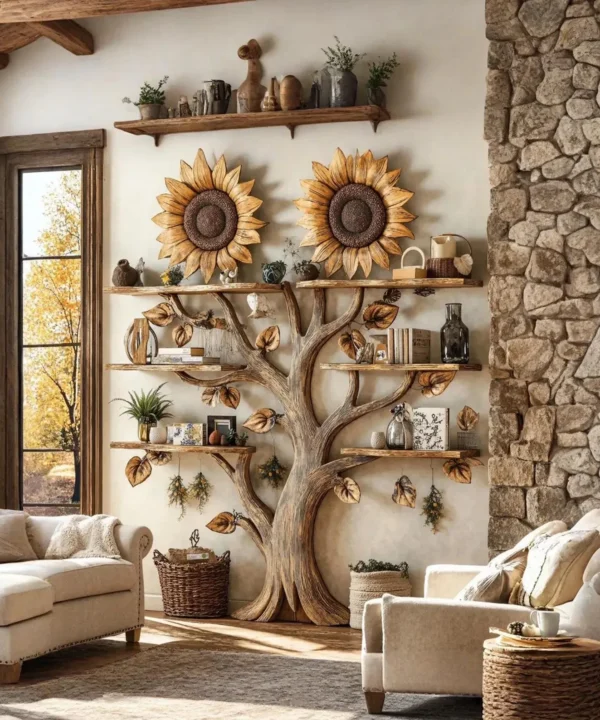 Sunflower Shape Wooden Wall Mounted Bookshelf And Floating Display Shelf